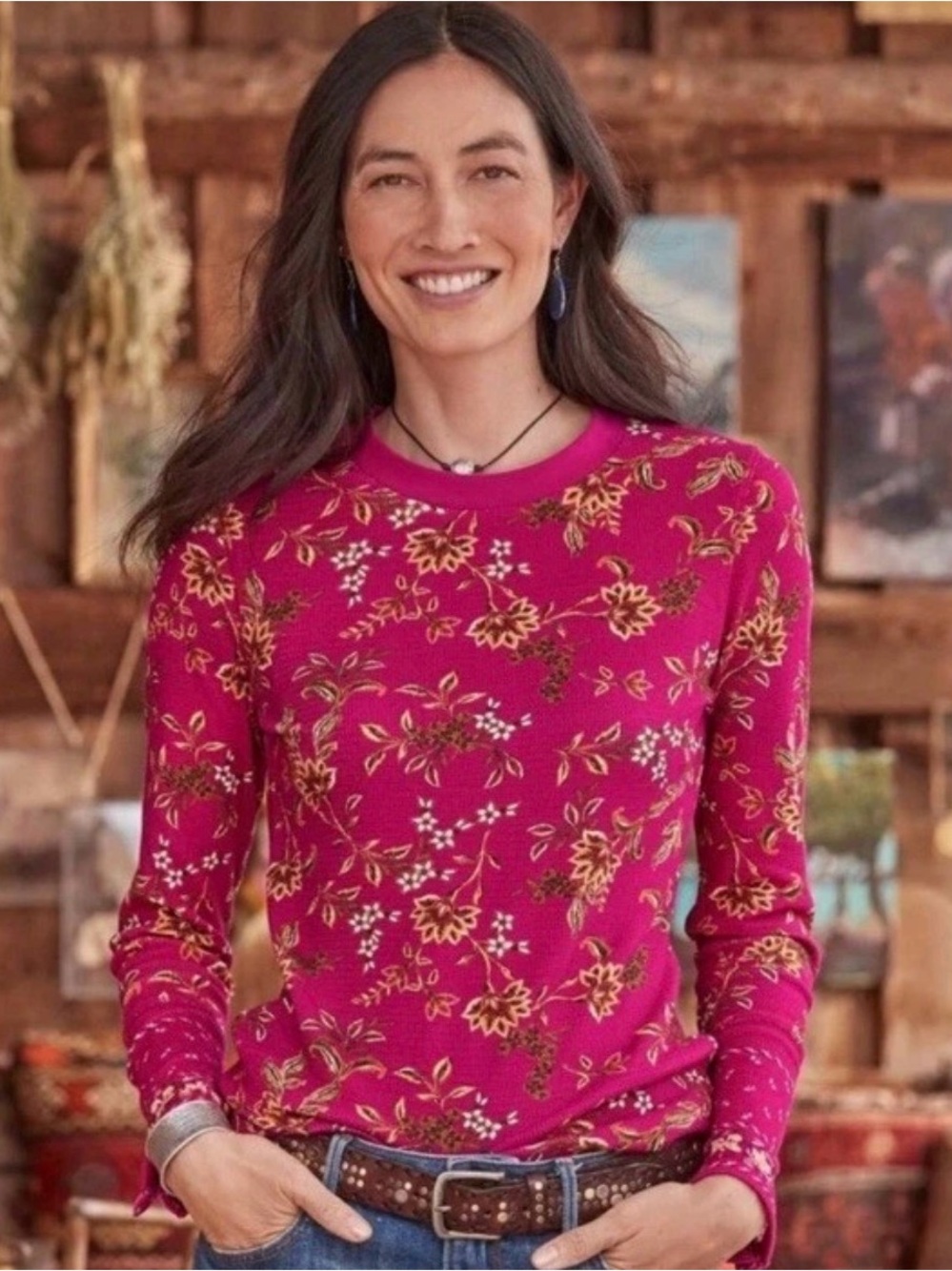NEW Sundance Loretta Waffle Knit Berry Floral Thermal Tee Top Pink Medium